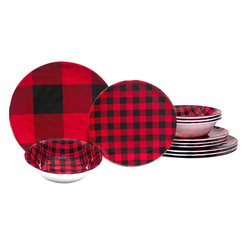 Certified International 12-Piece Red Buffalo Plaid Dinnerware Set