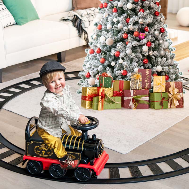 6V Kids Ride on Train with Tracks & 6 Wheels, Battery Powered Electric Ride On Toy with Lights & Music