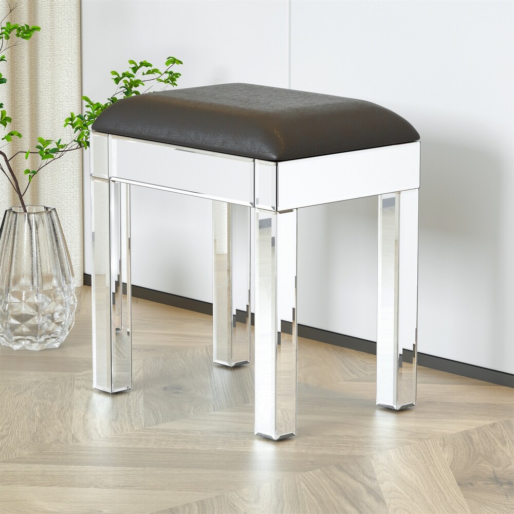 Mirrored Vanity Stool with PU Leather  Dressing Chair Cushioned