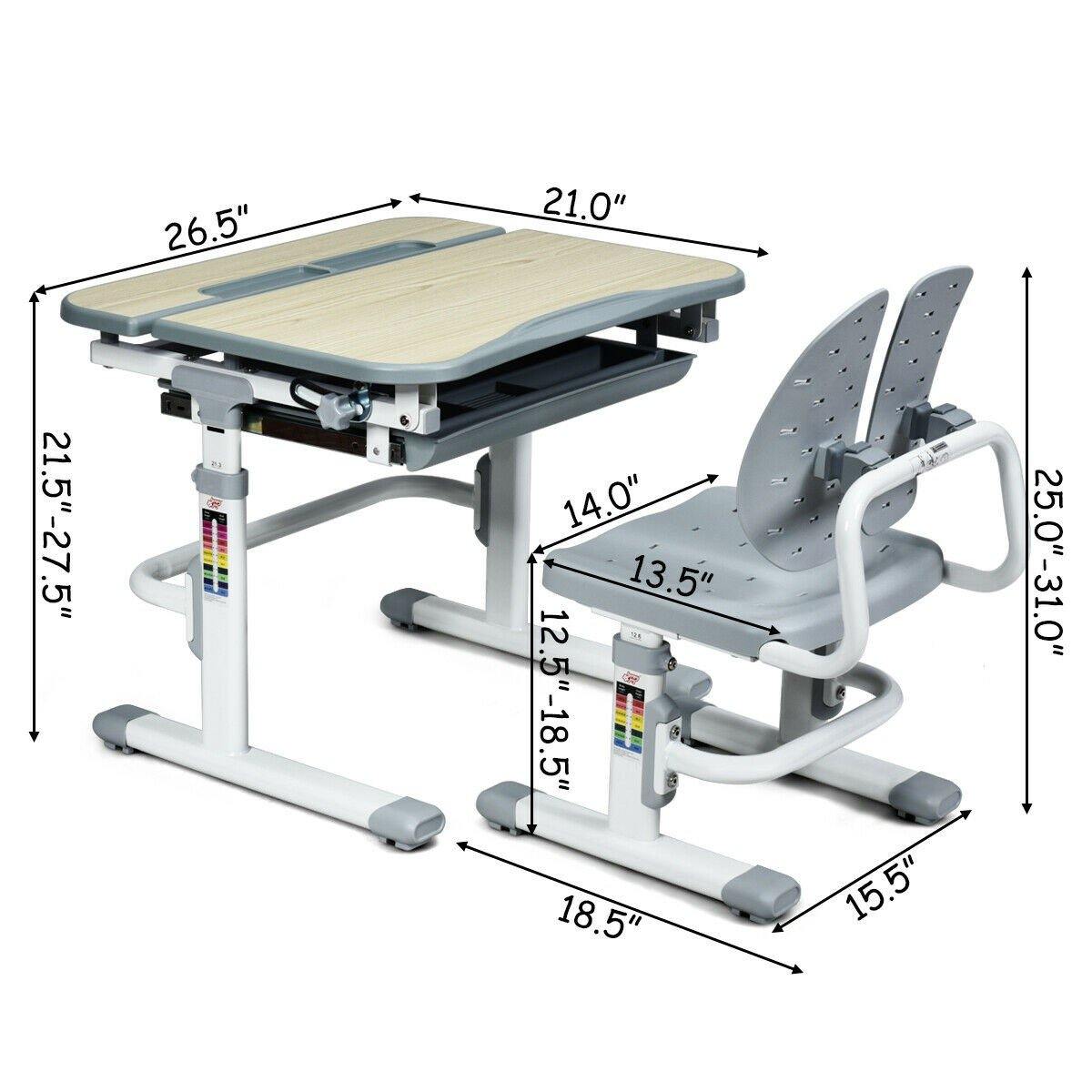 Baby Joy Kids Desk and Chair Set, Height Adjustable, Children Study Table with Tilted Desktop (Gray)