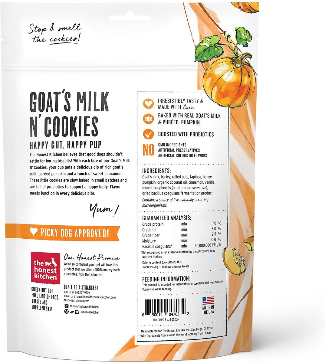 The Honest Kitchen Goat's Milk N' Cookies Slow-Baked With Pumpkin Dog Treats， 8-oz bag