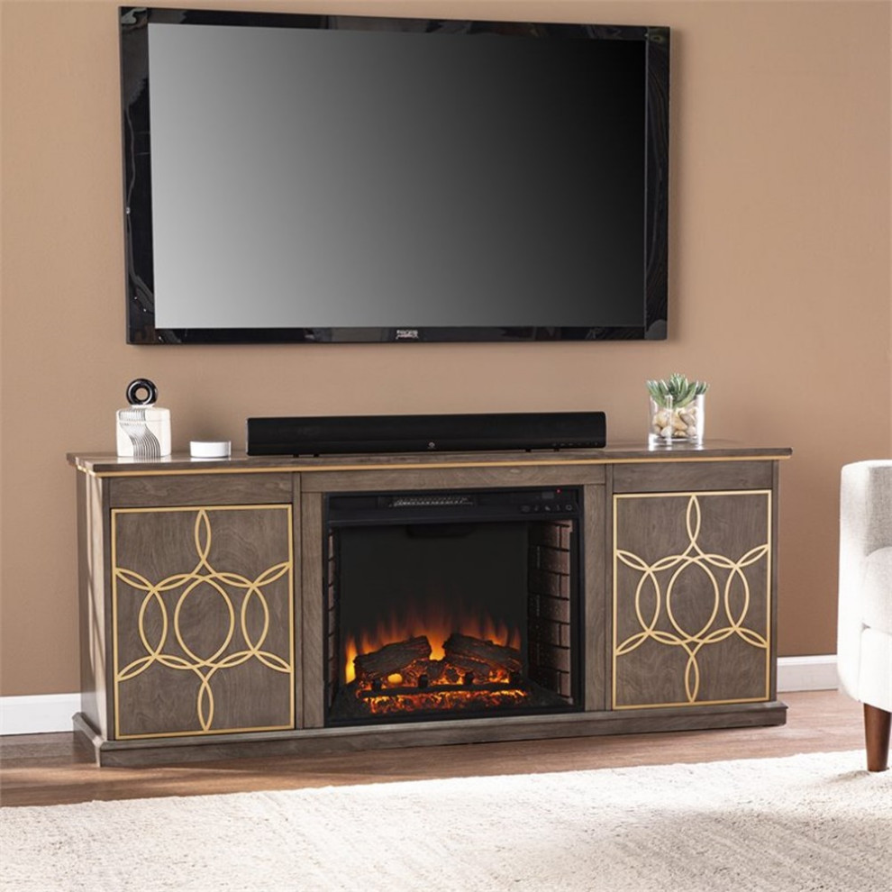 Bowery Hill Modern Electric Fireplace Console with Media Storage in Brown/Gold   Transitional   Entertainment Centers And Tv Stands   by Homesquare  Houzz