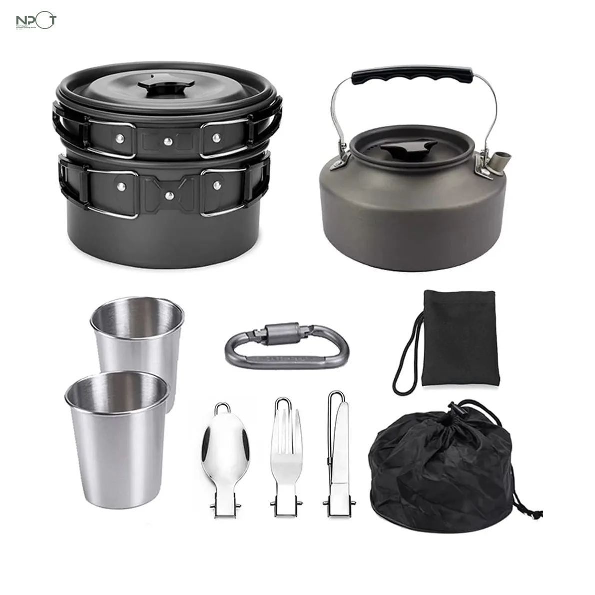 NPOT 10 Pieces Camping Cookware Set with Stove Pan Bowls Cups Sporks for Backpacking Outdoor Camping Hiking Survival Lightweight