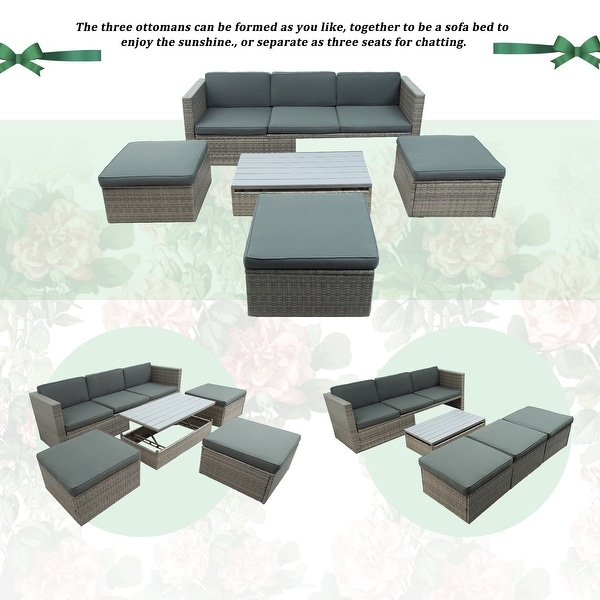 Outdoor Patio Furniture Set 5 Piece Wicker Conversation Set with Lift Coffee Table Sectional Set 3 Seat Sofa Couch