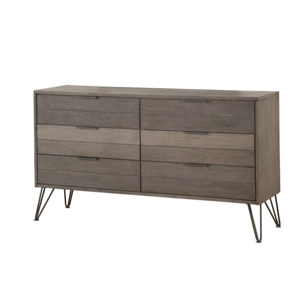 Contemporary Style Solid Wood Dresser with Metal Hairpin Legs  Grey