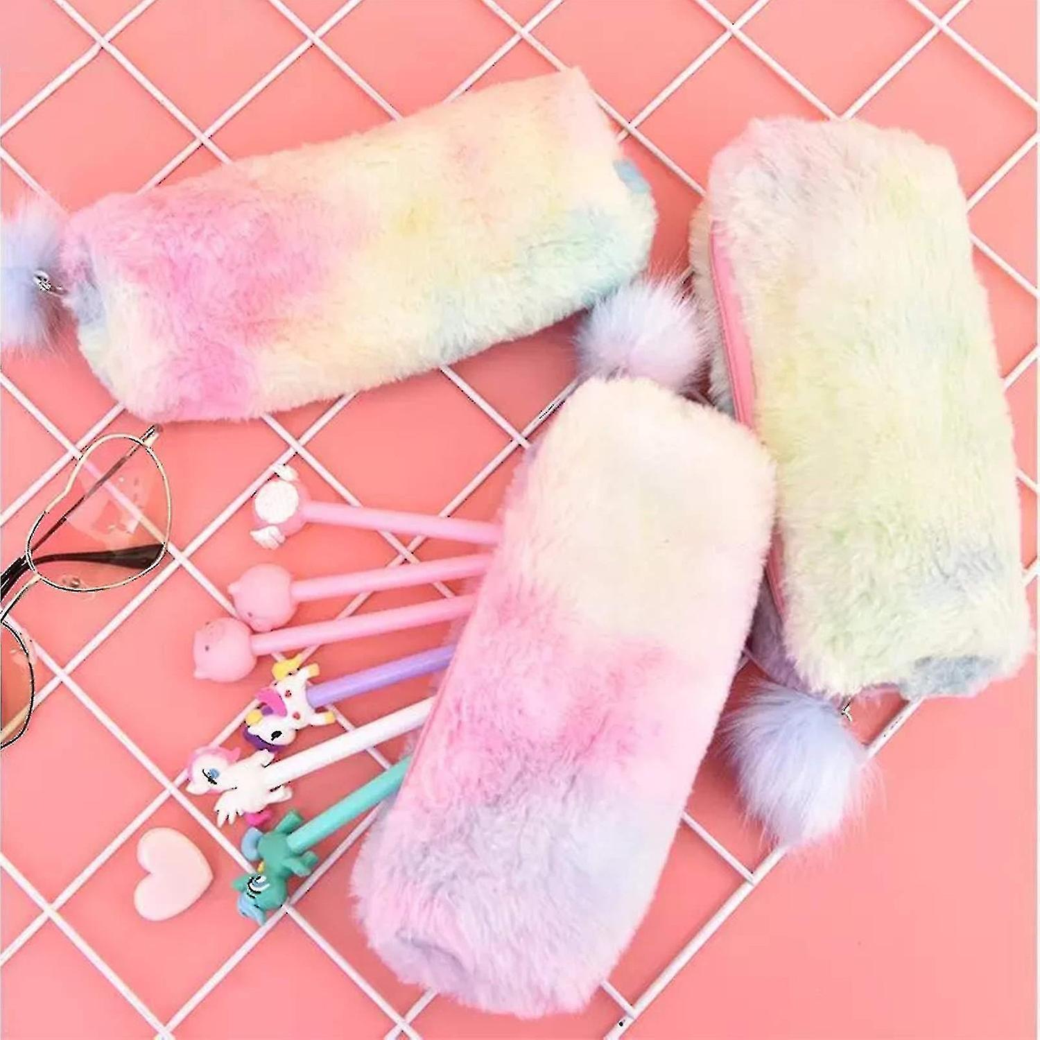 2pcs Plush Rainbow Pencil Case For Girls Fluffy Pencil Case Cute Rainbow Pencil Holder Soft Pencil C