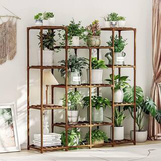 4-Tiers 14 Pots Rectangular Wooden Plant Rack for Living Room Terrace Balcony and Garden Natural Color B098QG2WQD