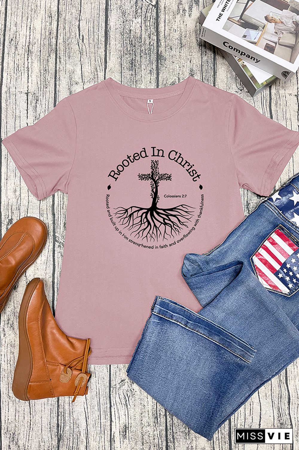 Rooted In Christ Bible Verse Colossians 27 Short Sleeve Graphic Tee Wholesale