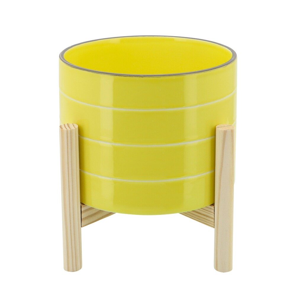 Handmade Yellow Ceramic Planter with Natural Wood Stand   8.0\