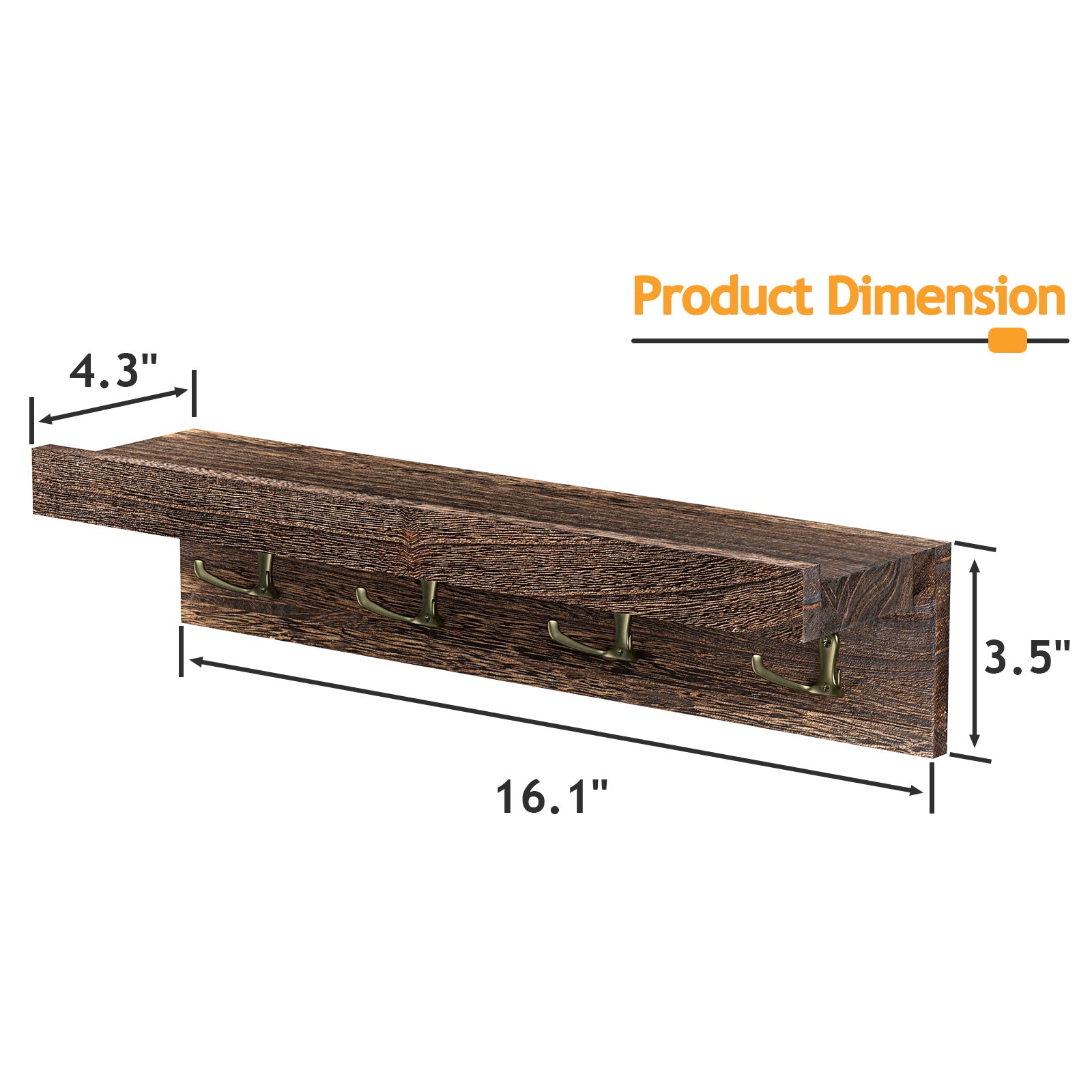 2 Pack Wall Mount Wood Floating Coat Rack /Display Shelf with 4 Metal Hooks for Wall Organizer