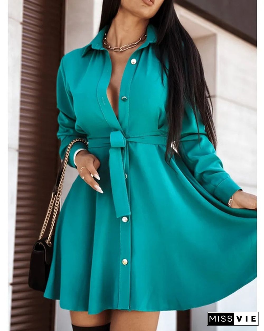 Turn-down Collar Long Sleeves Buttons Shirt Dress Women Fashion Collect Waist A Line Dress Elegant Ladies Dresses