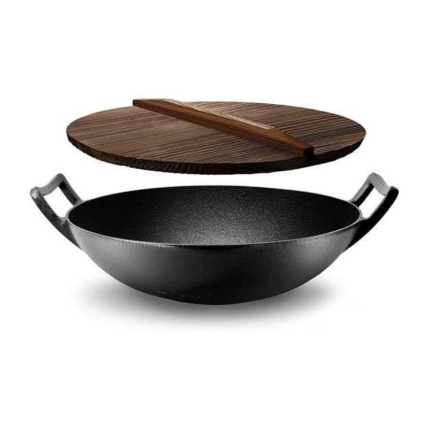 Nutrichef Pre Seasoned Nonstick Cooking Wok Cast Iron Kitchen Stir Fry Pan W Wooden Lid For Gas Electric Ceramic amp Induction Countertops 2 Pack