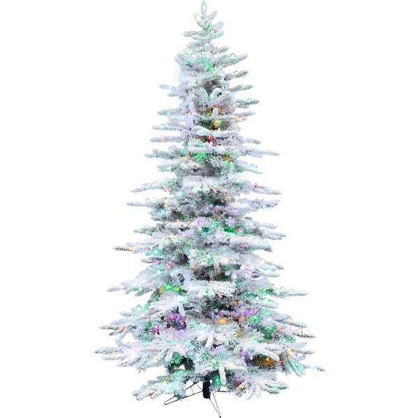 Fraser Hill Farm White Plastic 7.5' Flocked Pine Tree，Multi LED