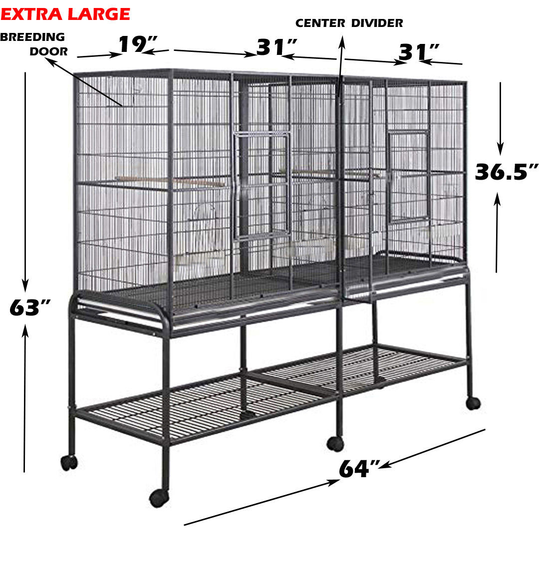 Extra Large Double Center Divider Flight Bird House Breeding Cage Canary Parakeet Cockatiel Lovebird Finches， Side Nest Doors with Removable Rolling Stand