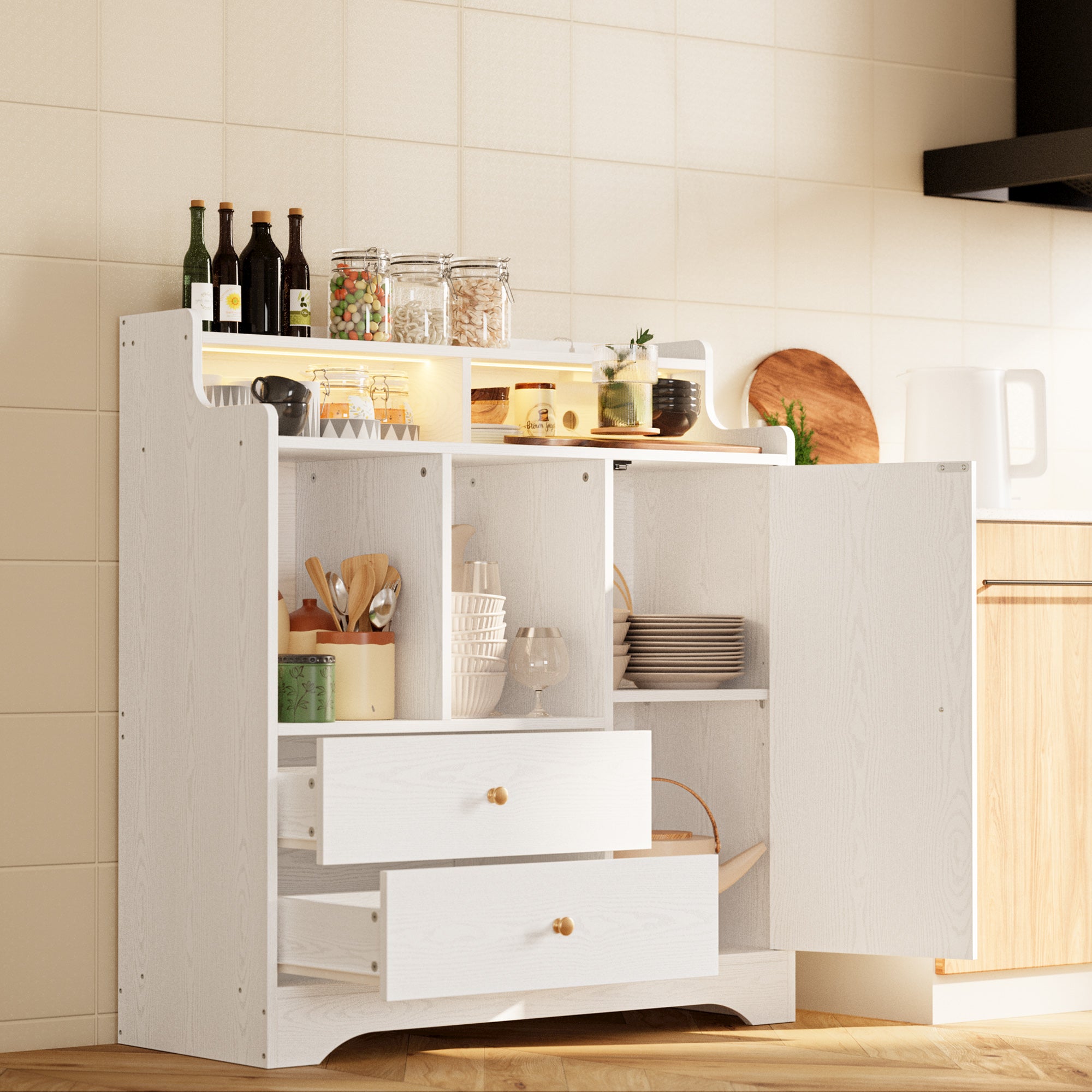 Sideboard with Drawers, Storage Cabinet with Led Lights and Power Sockets for Kitchen, Dining Room