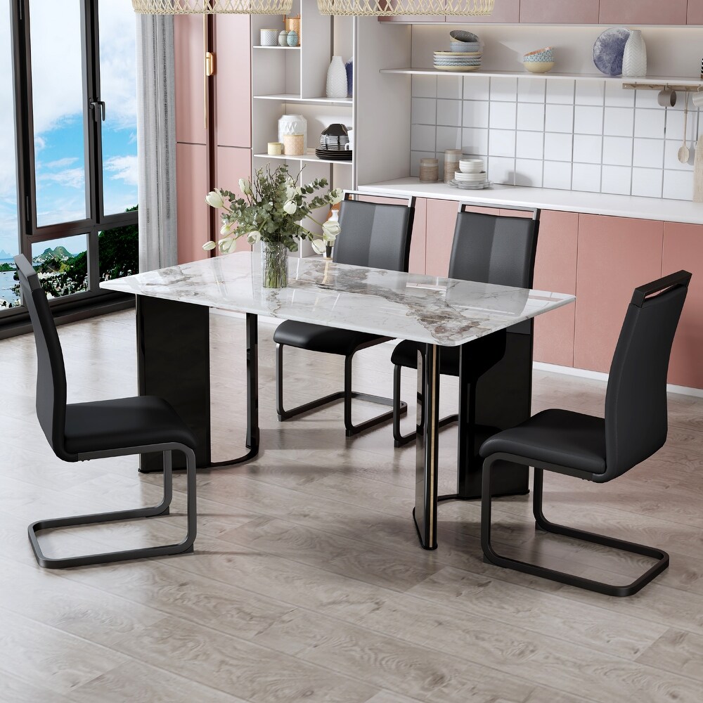 5 Piece Breakfast Nook Dining Set with Rectangular Marble Dining Table and PU Leather Dining Chairs for Dining Room