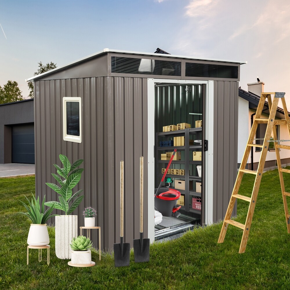 6ft x 5ft Outdoor Storage Shed with Windows  Backyard Metal Storage Cabinet with Sliding Doors Padlock  Gray