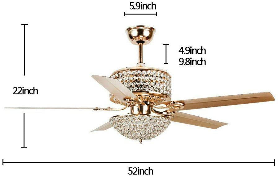 Anqidi 52 Inch Crystal Ceiling Fan Light Modern Gold Pendant Fan Lamp 5-Blades 3-Speed Ceiling Fan Chandelier with Remote