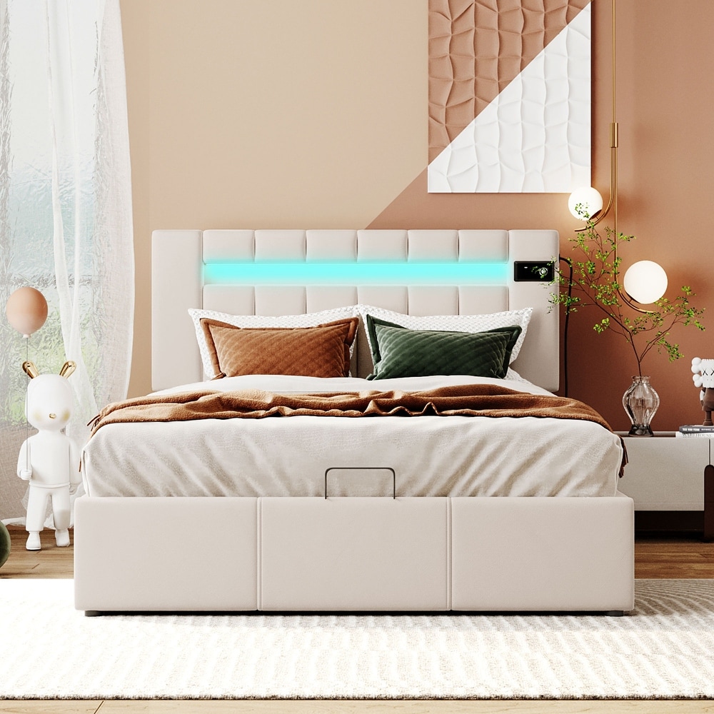 Upholstered Hydraulic Storage Platform Bed with LED Light  Bluetooth Player   USB Charging