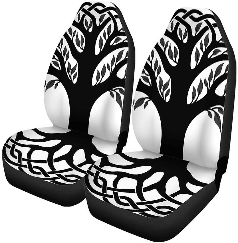 Set Of 2 Car Seat Covers Roots Celtic Tree Of Life Round Black Branches Floral Universal Auto Front Seats Protector Fits