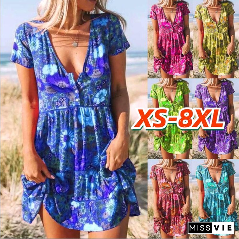 XS-8XL Summer Dress Plus Size Fashion Women's Casual Short Sleeve T-shirt Dress Floral Flower Printed Party Dress Ladies V-neck Loose Mini Dress Beach Wear Pleated Dress