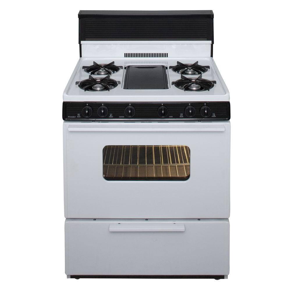 Premier 30 in. 3.91 cu. ft. Battery Spark Ignition Gas Range with 5 Burner and Griddle Package in White BFK5S9WP