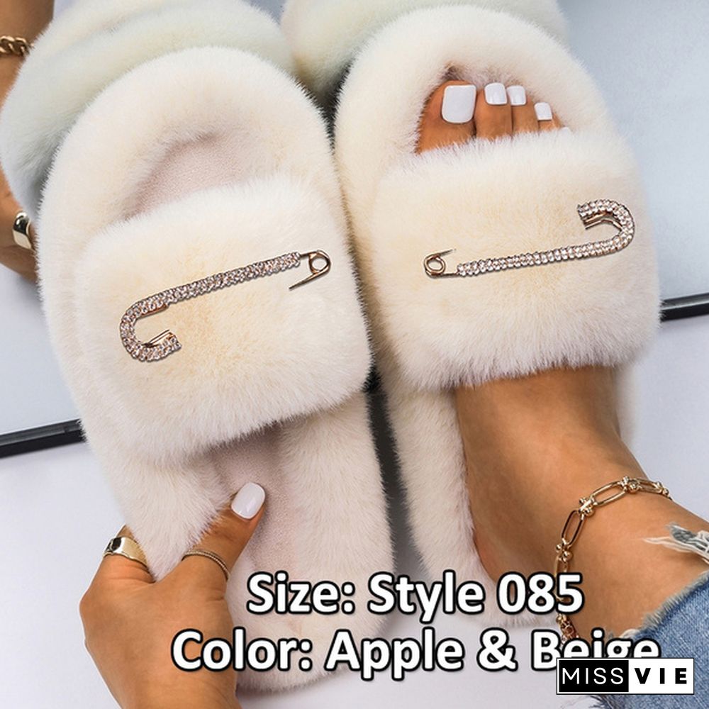 Fluffy Warm Women Home Slippers Fur Rhinestone Crystal Platform Shoes Indoor Flip Flops Female Soft Casual Slides Cotton Fur Slippers