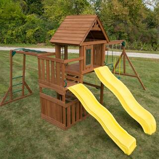 Swing-N-Slide Playsets Timberview Ready-To-Assemble Wooden Outdoor Playset with 2 Slides Monkey Bars Swings and Swing Set Accessories WS 8356