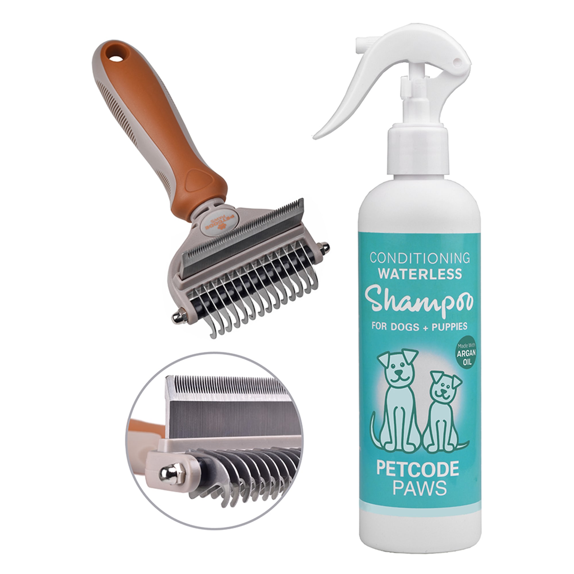 PETCODE PAWS Medium Terra Brown Dog Detangling Kit with Conditioning Waterless Shampoo Spray amp; Duo Groomer Brush， 10.14 fl. oz.