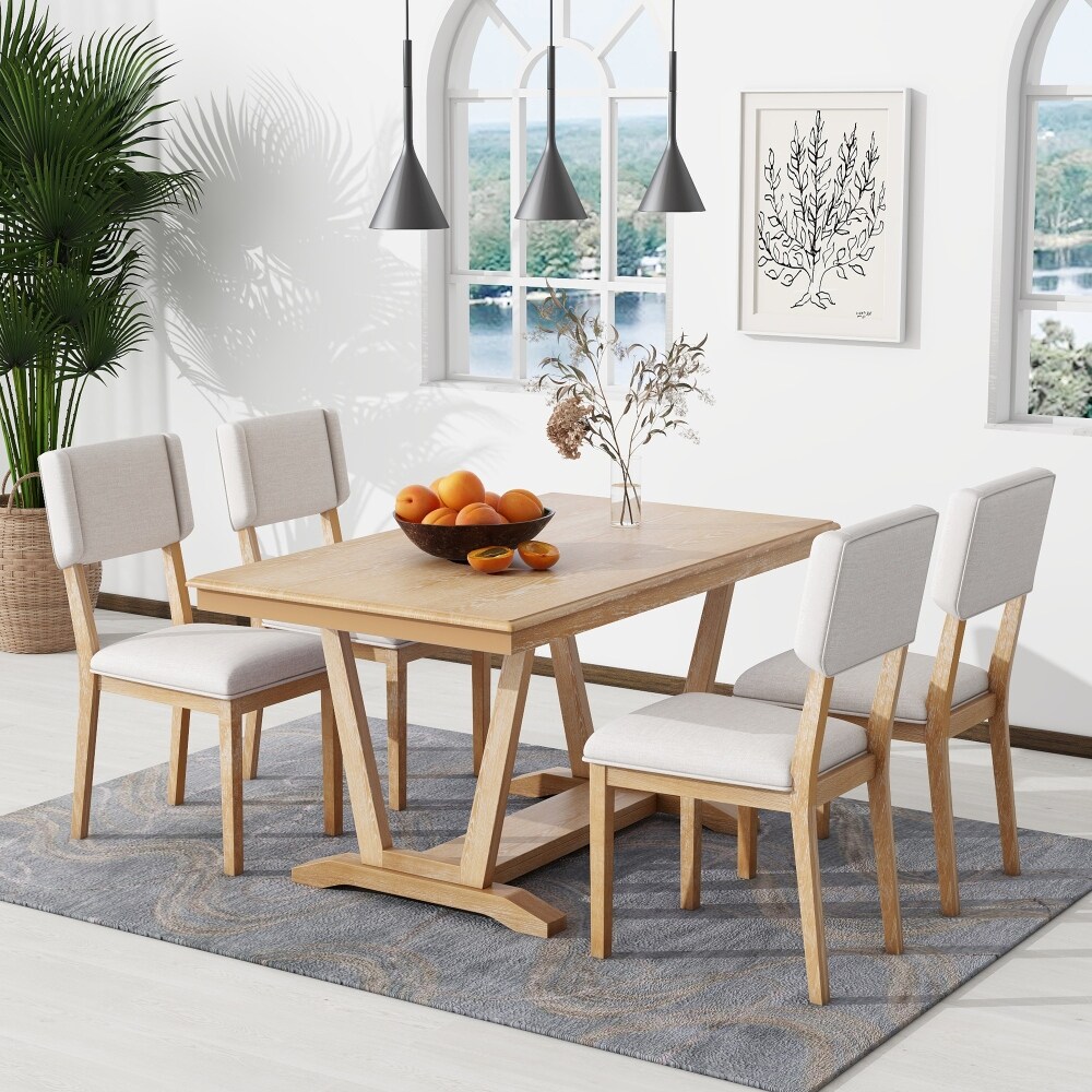 5 piece Dining Set with 4 Upholstered Chairs and 59 inch Rectangular Dining Table