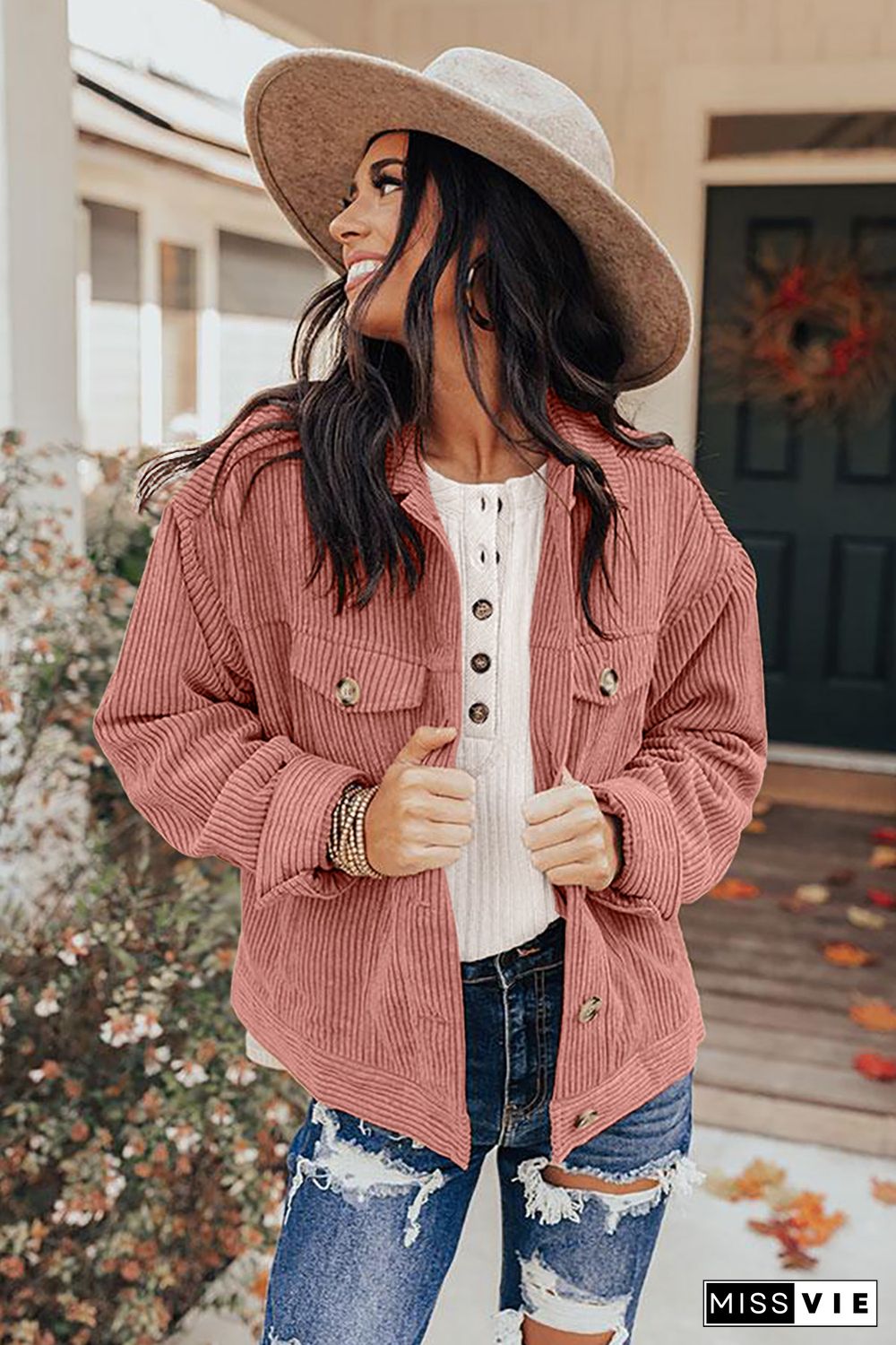 Pink Ribbed Corduroy Long Sleeve Jacket with Pocket