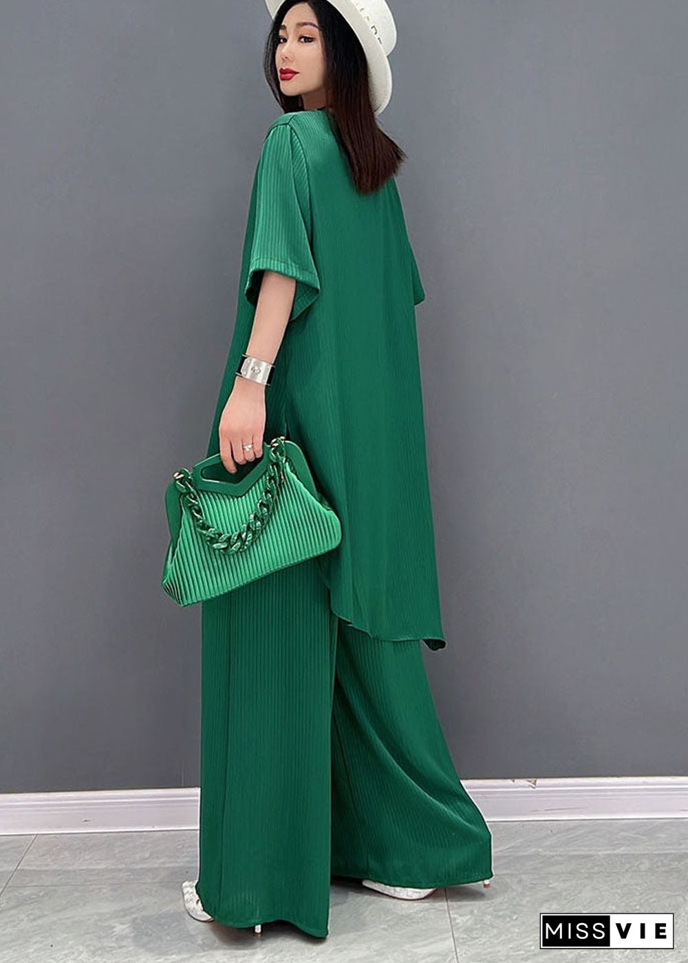 Green Patchwork Chiffon Tops And Wide Leg Pants Two Pieces Set V Neck Tie Waist Summer