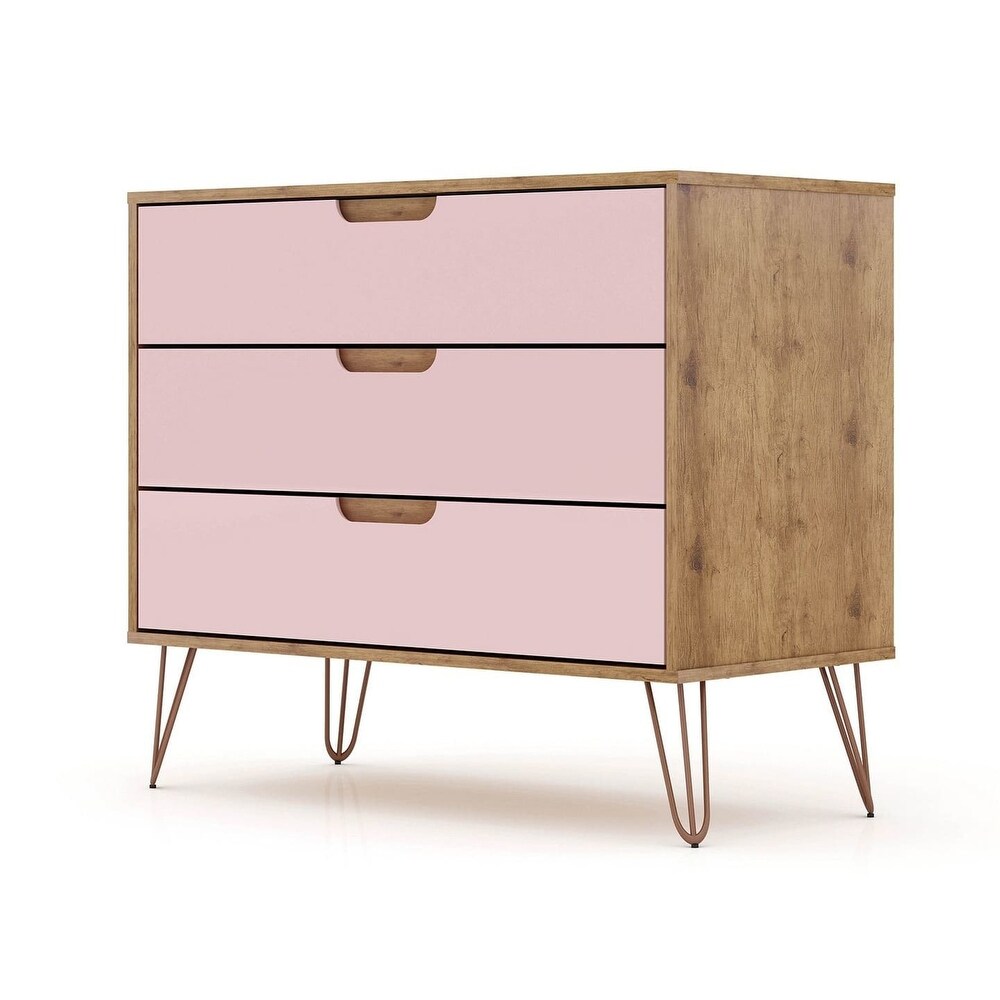 Mid Century Modern Dresser with 3 Drawers in Nature and Rose Pink