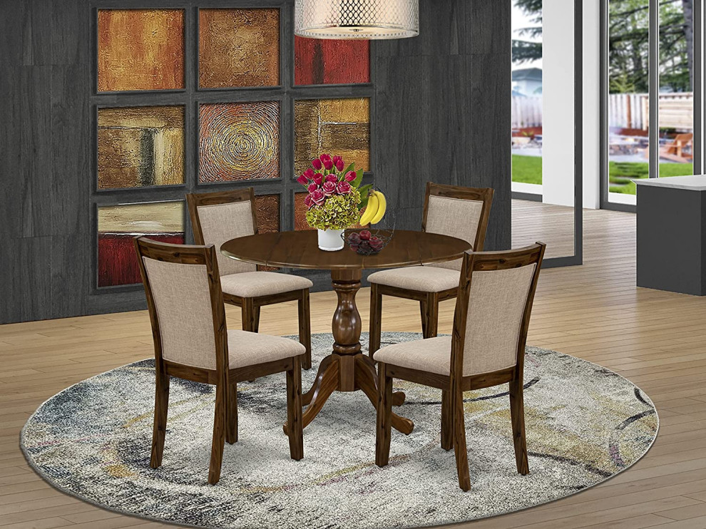 5 Pieces Dining Set  Table With Drop Leaves  ampLinen Cushioned Chairs  Walnut   Tropical   Outdoor Dining Sets   by Decorn  Houzz