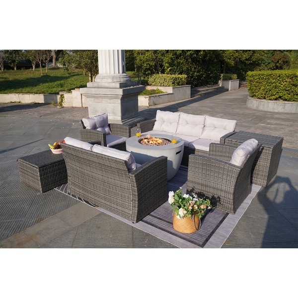 7Piece Outdoor Wicker Conversation Sofa Set with Fire Pit