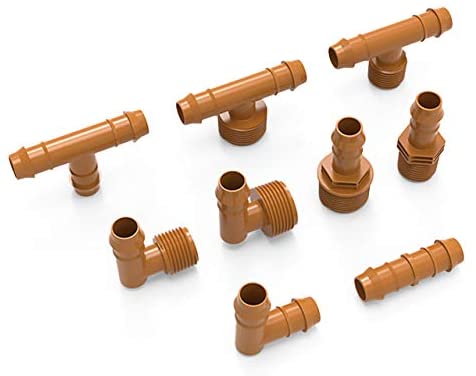 (20-Pack) Drip Irrigation Brown Barbed Tee Fittings - Fits 1/2”， 17mm .600” ID Drip Tubing - Made In The USA