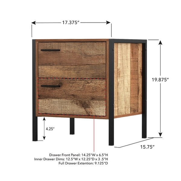 Industrial End Table with 2 Drawers and Metal Frame