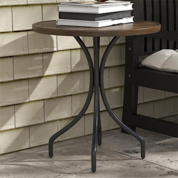 Outdoor Round Side Table with Steel Frame and Slat Tabletop