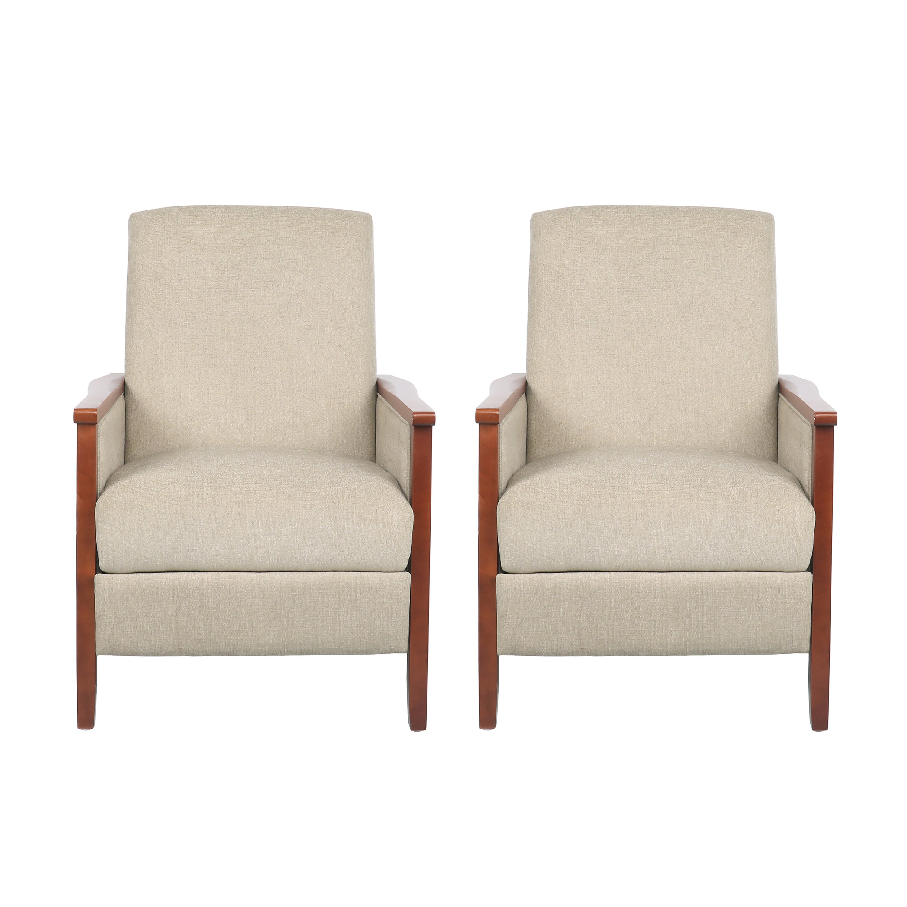 Ambleside Mid Century Modern Fabric Upholstered Wood Pushback Recliners, Set of 2