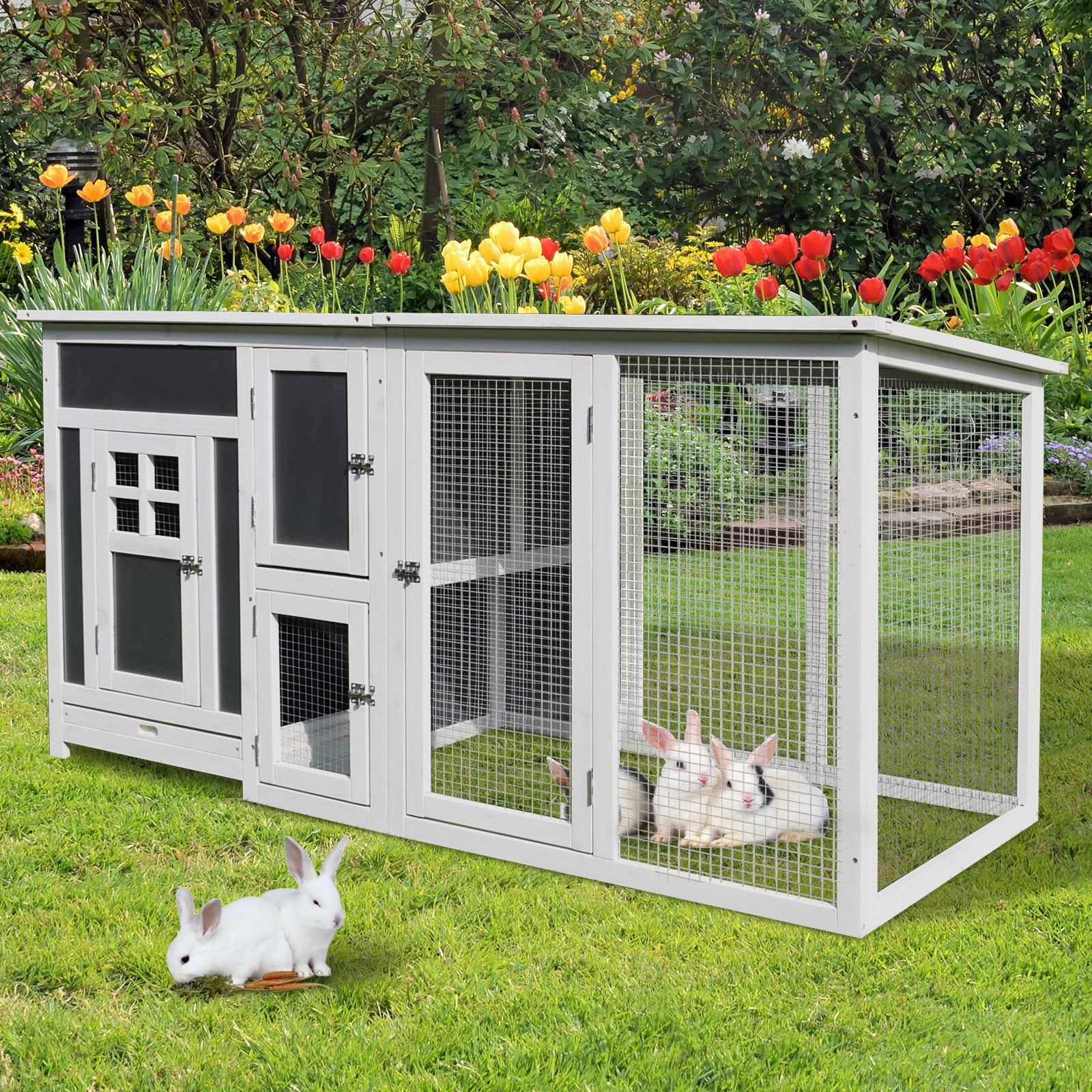 32” Wood Large Indoor Outdoor Hutch with Run - Grey and White