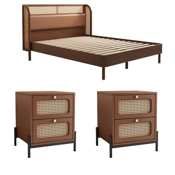 3 Pieces Modern Rattan Platform Queen Bed + 2 Nightstands， Summer Bedroom Sets - - 37928400