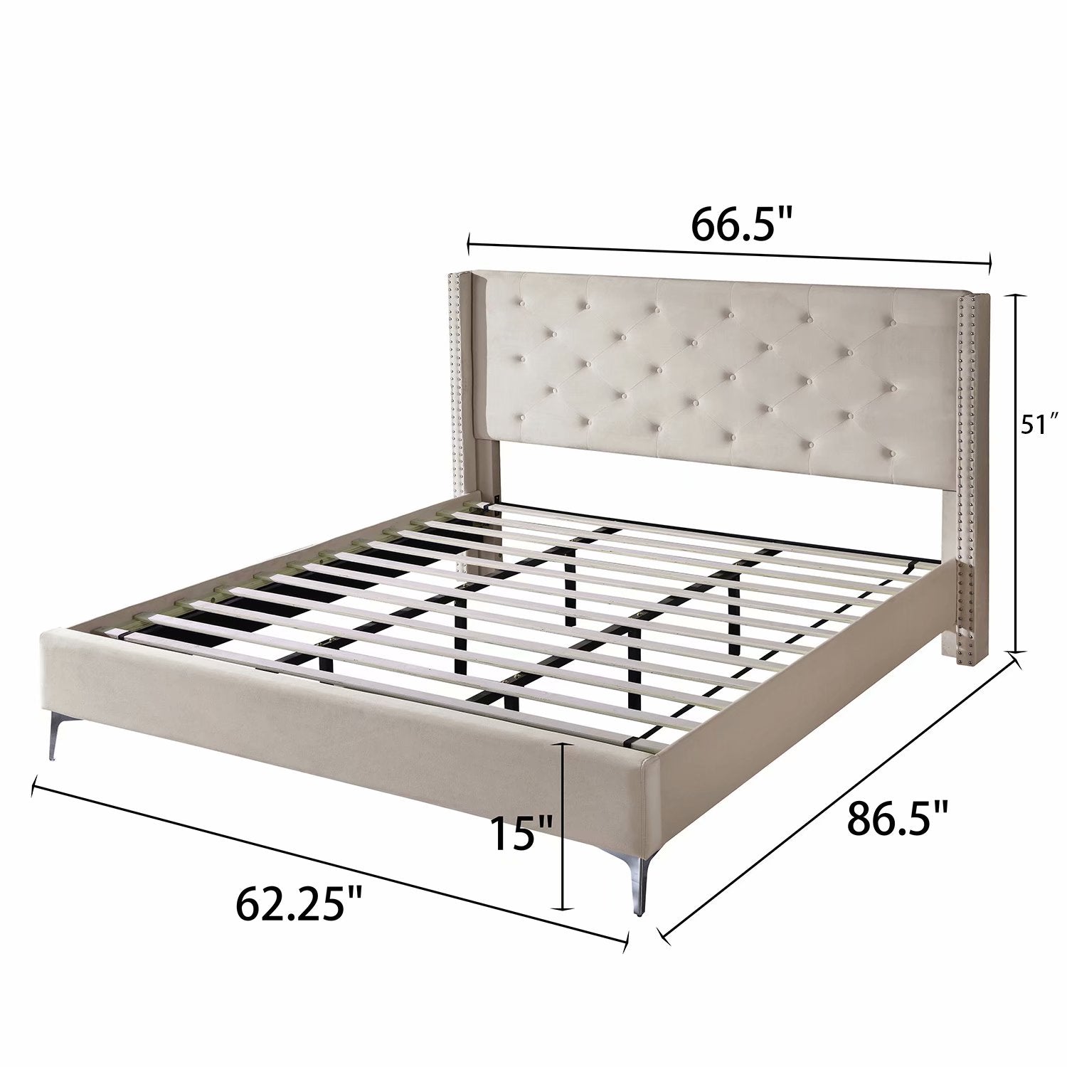 Morden Fort Wood Platform Bed Frame with Upholstered Headboard Queen Cream