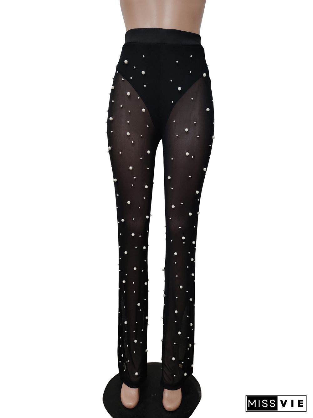 Sexy Beading Sheer Mesh Long Pants