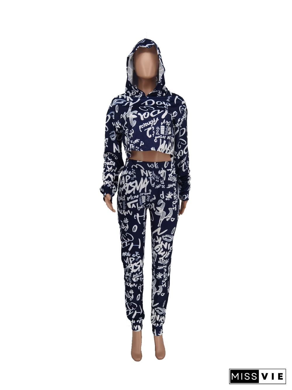 Letter Printed Hooded Sweatshirt Crop Top Pants Set