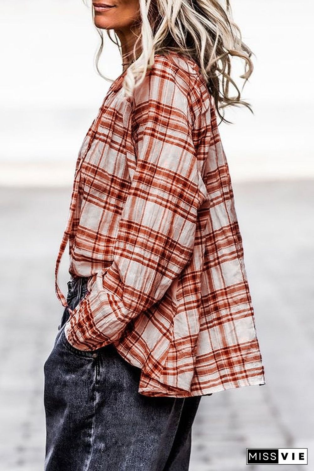 Plaid Print V-Neck Long Sleeve Blouse