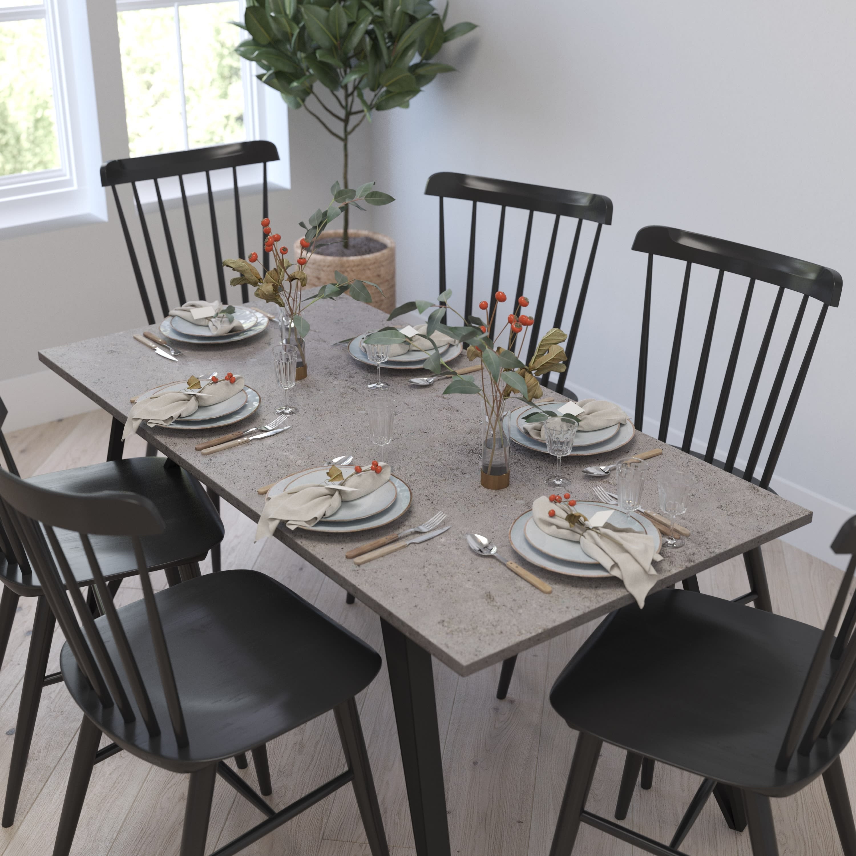 Merrick Lane Rectangular Dining Table Faux Concrete Finish Kitchen Table with Retro Hairpin Legs