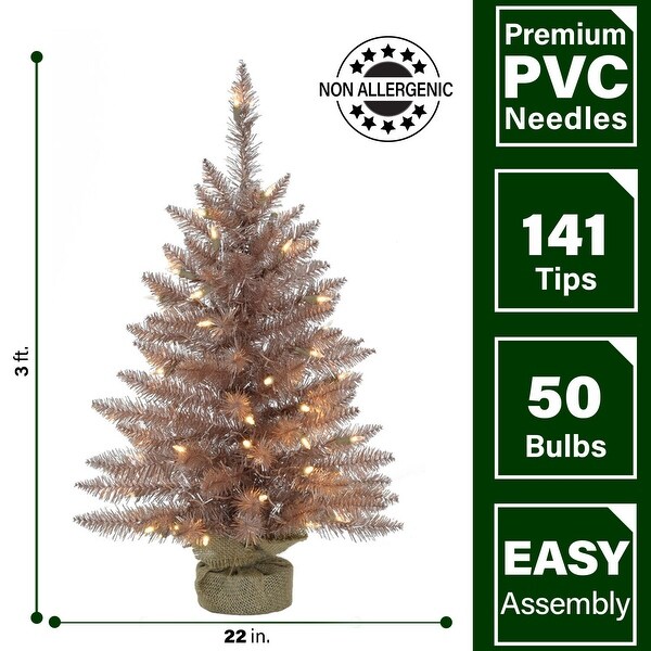 Fraser Hill Farm 3ft. Festive Tinsel Christmas Tree with Burlap Bag and Warm White LED Lights，Blush