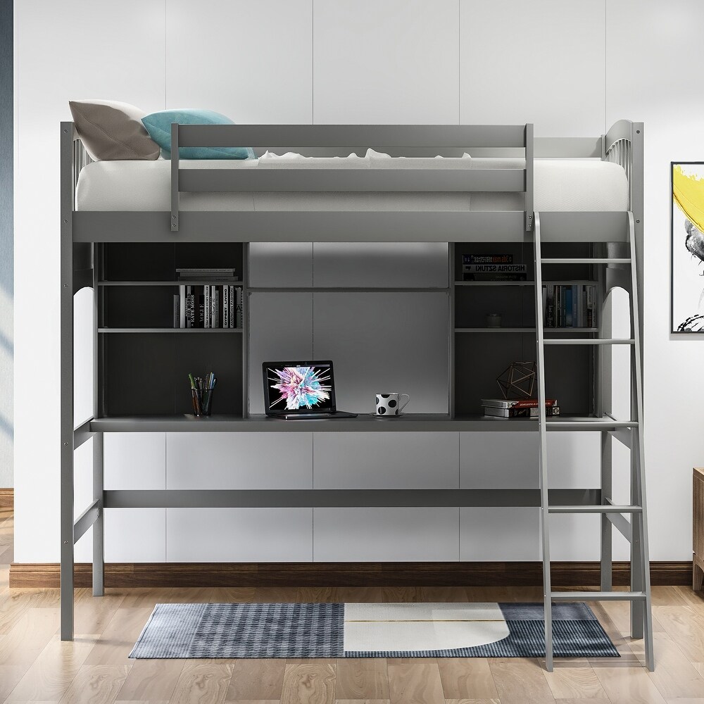 Multifunctional Design Twin size Loft Bed with Storage Shelves  Desk and Ladder