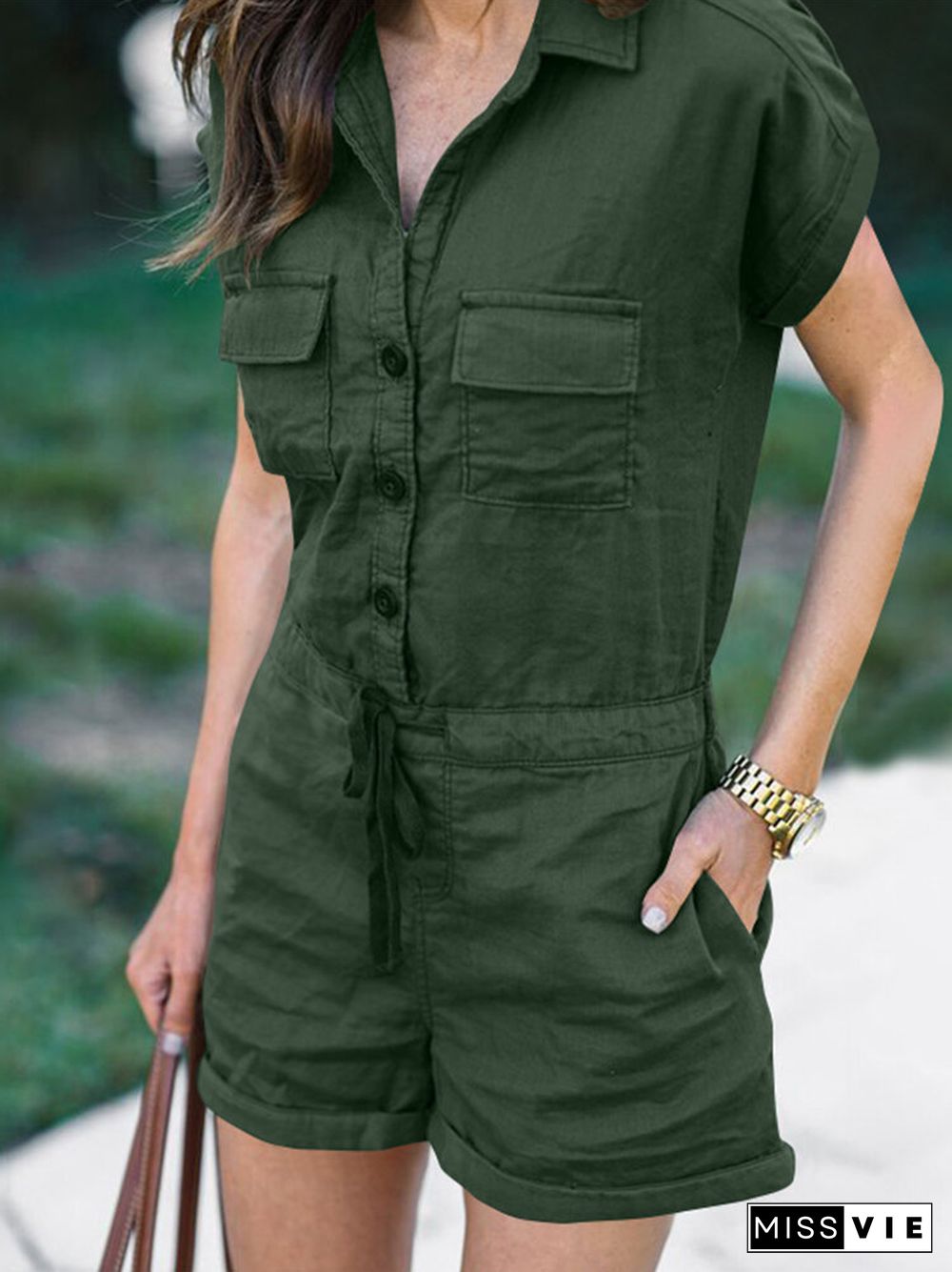 Solid Button Pocket Drawstring Lapel Romper