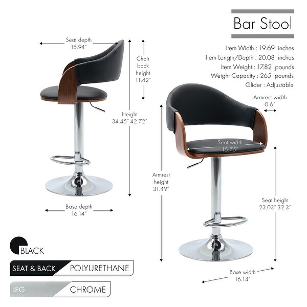 Porthos Home Emir Height Adjustable Bar Stool， PU Leather， Swivel Seat